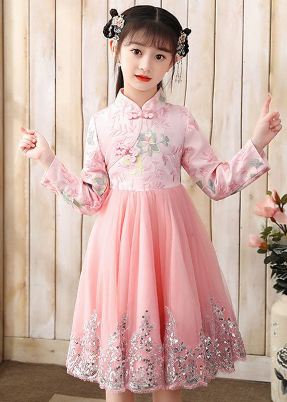 Pink Embroideried Patchwork Tulle Long Dress Fall