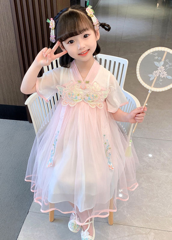 Pink Embroideried Wrinkled Patchwork Tulle Baby Dress Summer