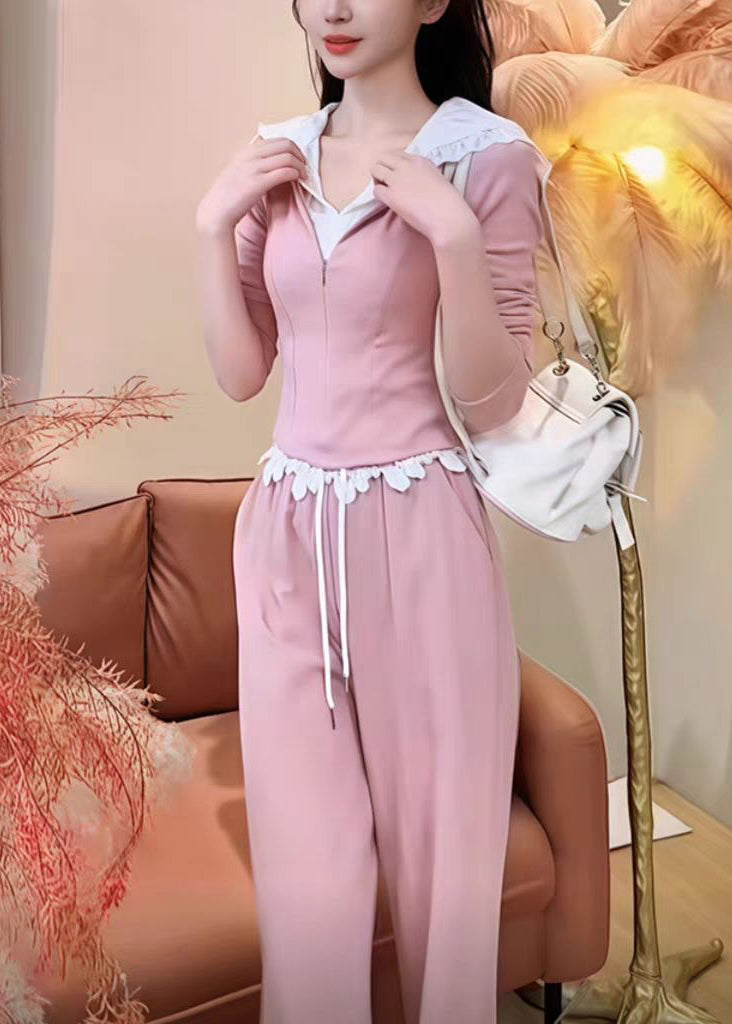 Pink Fake Two Pieces Hooded Sweatshirt and Wide Leg Pants Two Pieces Set Spring