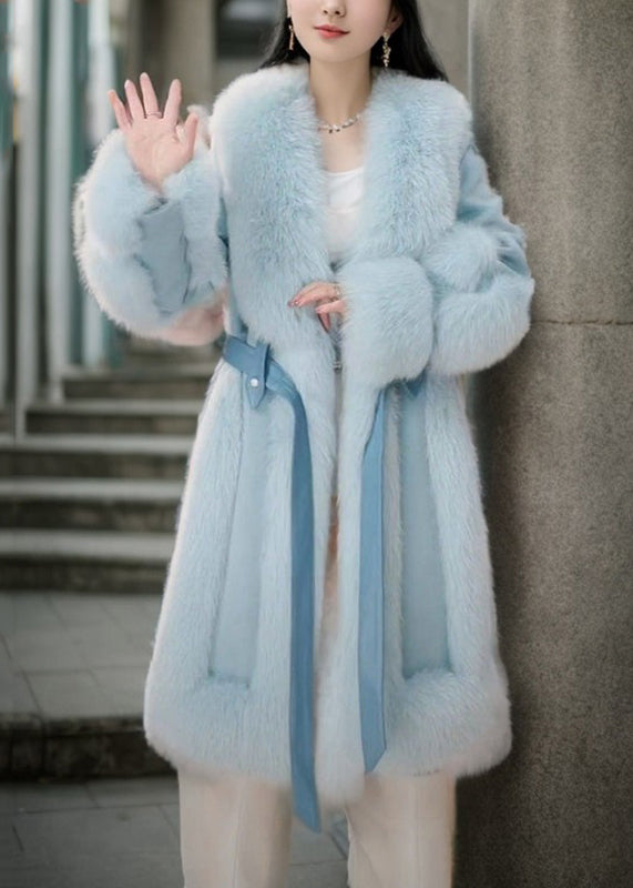 Pink Fox Collar Tie Waist Long Coats Spring
