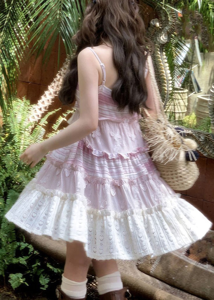 Pink Lace Up Ruffled Knit Mid Dress Sleeveless