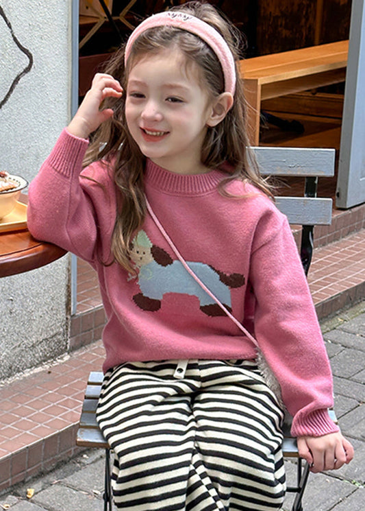 Pink Little Dog Print Cotton Knit Sweater Spring