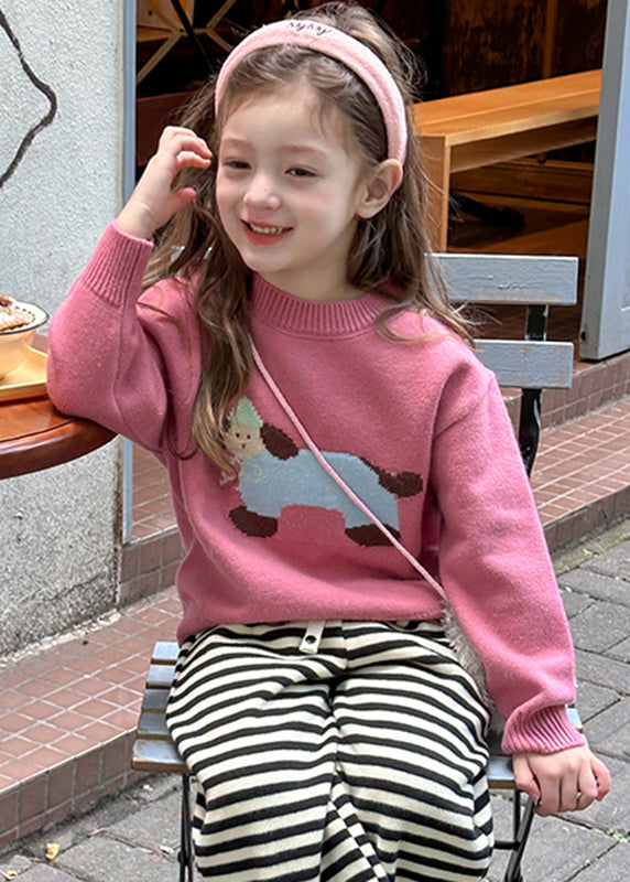 Pink Little Dog Print Cotton Knit Sweater Spring