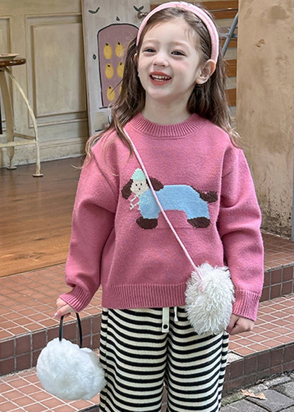Pink Little Dog Print Cotton Knit Sweater Spring