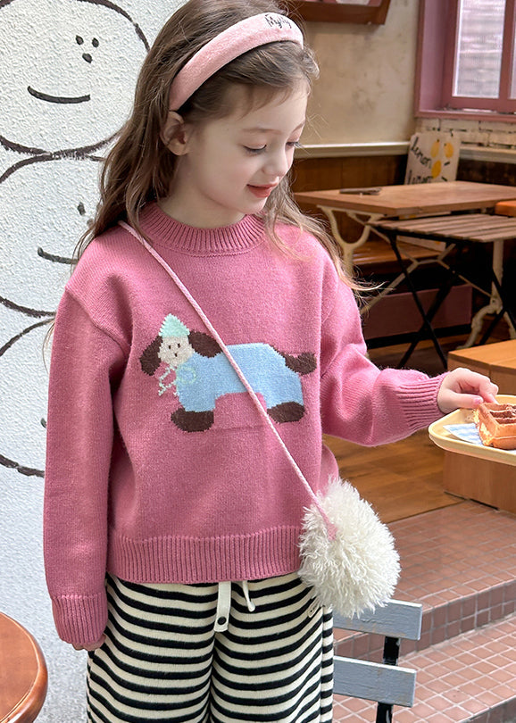 Pink Little Dog Print Cotton Knit Sweater Spring