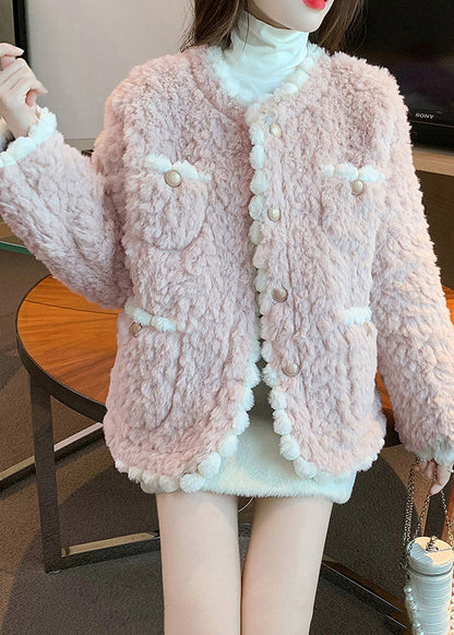 Pink O-neck Button Faux Fur Coats Fall