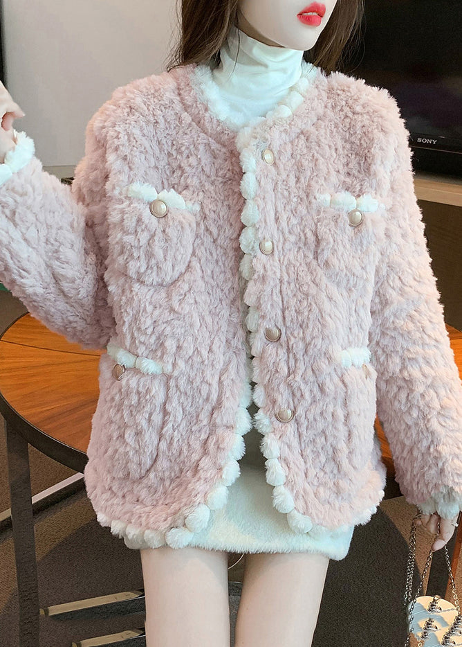 Pink O-neck Button Faux Fur Coats Fall