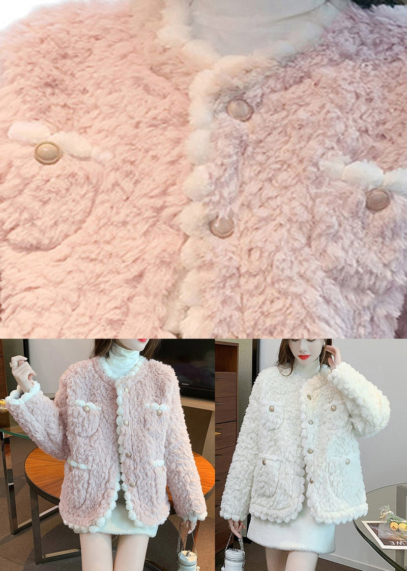 Pink O-neck Button Faux Fur Coats Fall