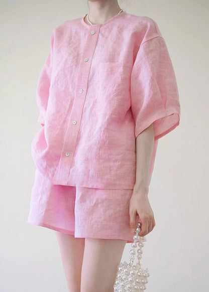 Pink O-neck Button Shirts and Shorts Two Pieces Set Summer