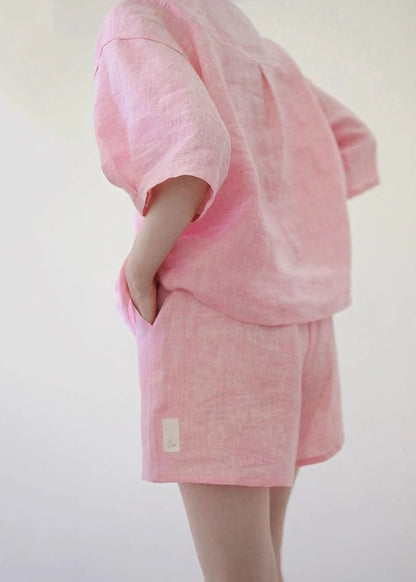 Pink O-neck Button Shirts and Shorts Two Pieces Set Summer