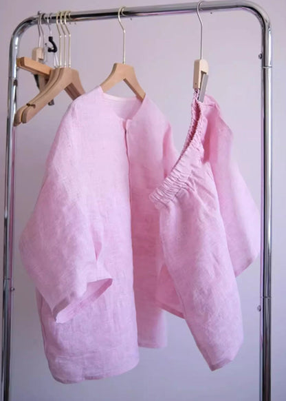 Pink O-neck Button Shirts and Shorts Two Pieces Set Summer