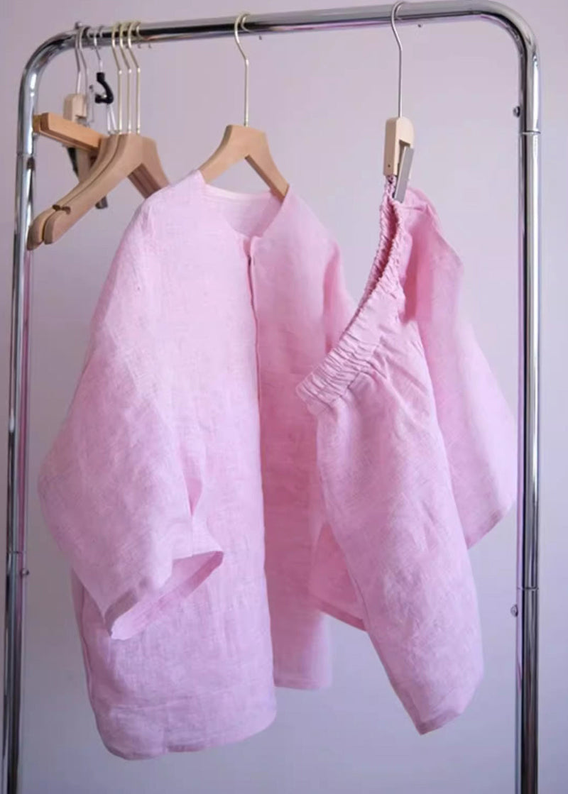 Pink O-neck Button Shirts and Shorts Two Pieces Set Summer