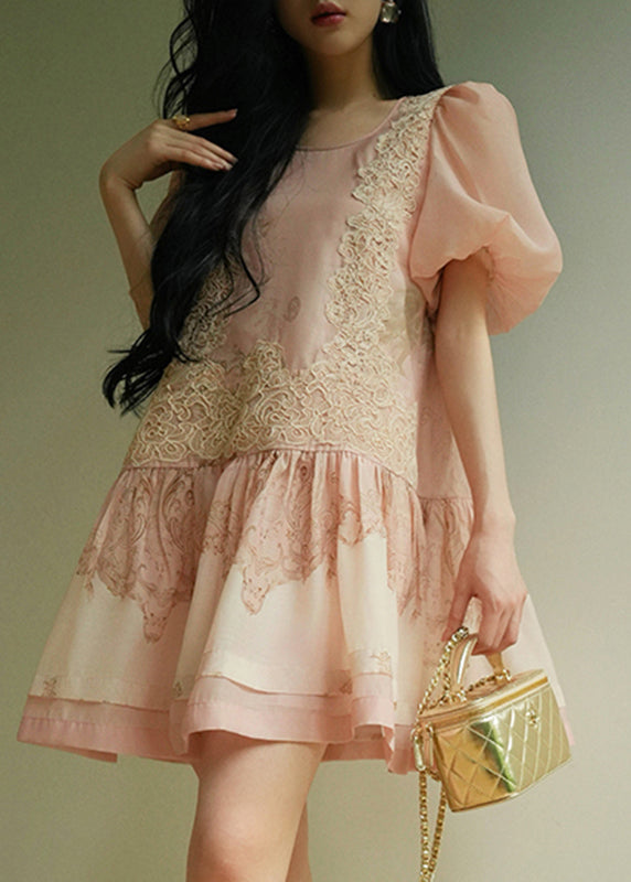 Pink O-neck Embroidered Mid Dresses Summer