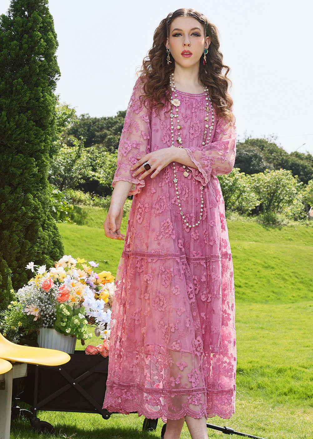 Pink O-neck Embroidered Patchwork Tulle Long Dress Bracelet Sleeve