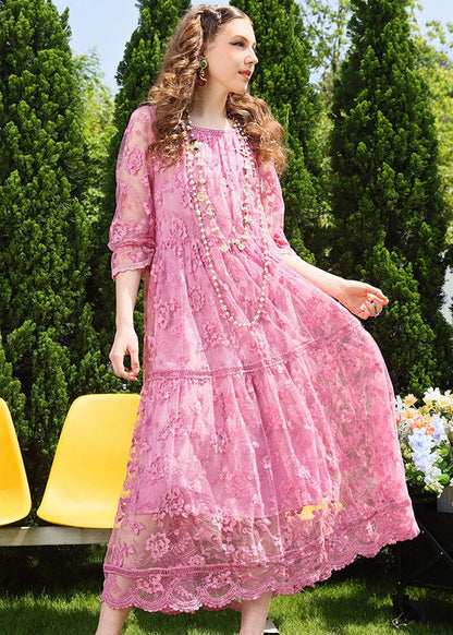 Pink O-neck Embroidered Patchwork Tulle Long Dress Bracelet Sleeve