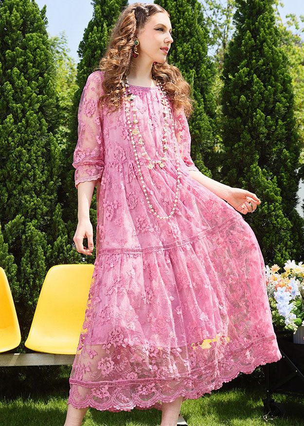 Pink O-neck Embroidered Patchwork Tulle Long Dress Bracelet Sleeve