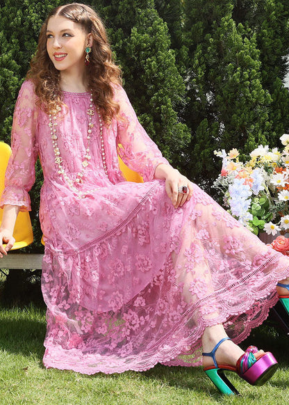Pink O-neck Embroidered Patchwork Tulle Long Dress Bracelet Sleeve