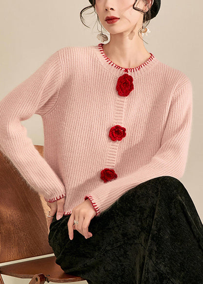 Pink O-neck Button Cotton Knit Cardigans Spring