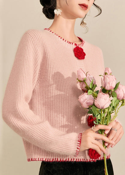 Pink O-neck Button Cotton Knit Cardigans Spring