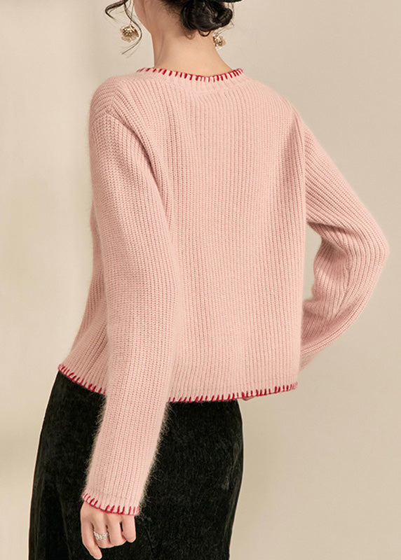 Pink O-neck Button Cotton Knit Cardigans Spring