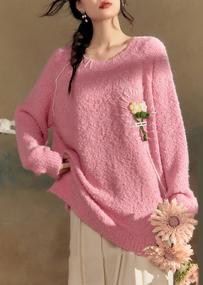 Pink O-neck Cotton Knit Sweaters Spring