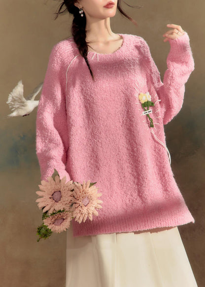 Pink O-neck Cotton Knit Sweaters Spring