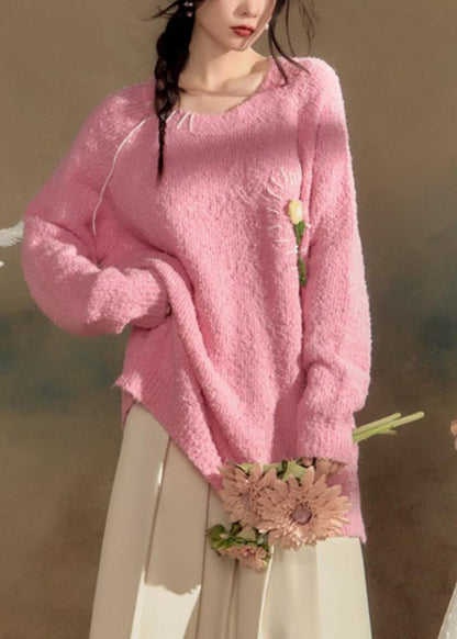 Pink O-neck Cotton Knit Sweaters Spring