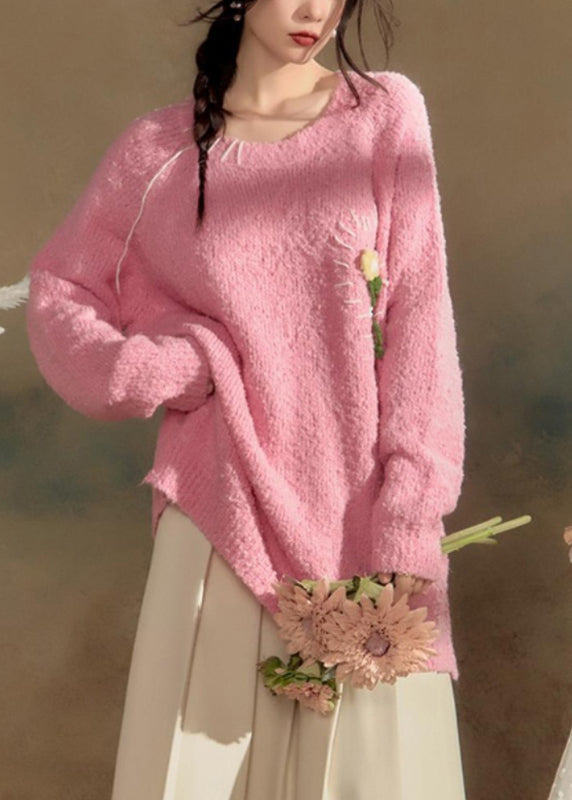 Pink O-neck Cotton Knit Sweaters Spring