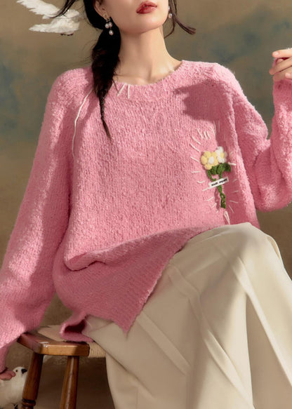 Pink O-neck Cotton Knit Sweaters Spring