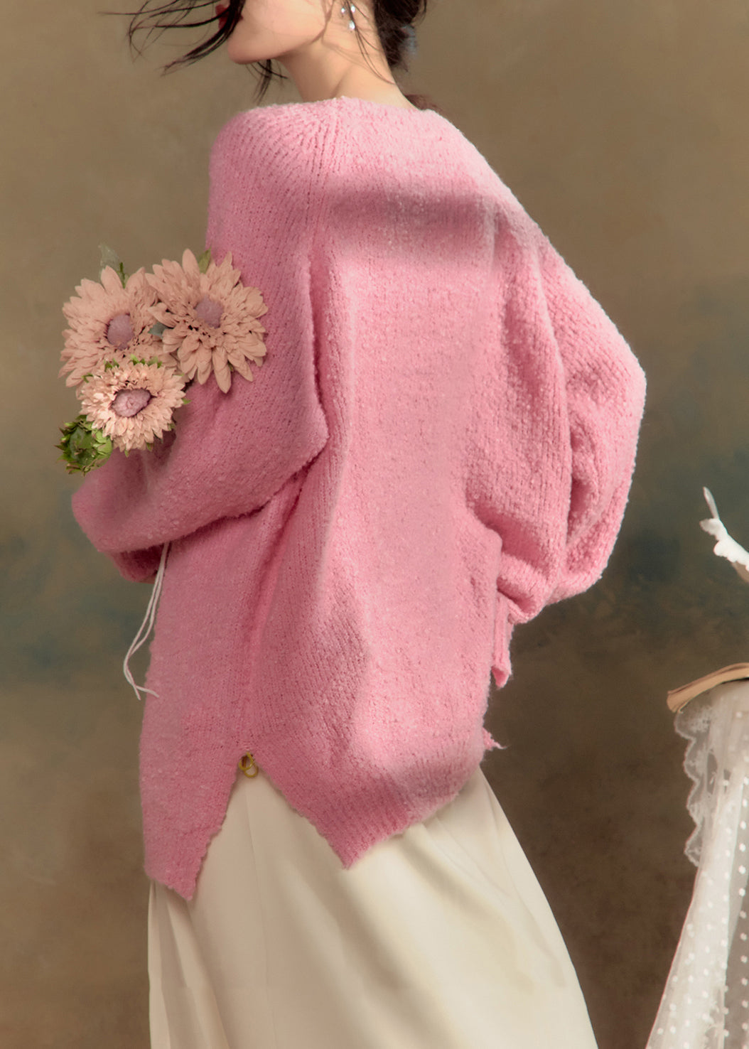 Pink O-neck Cotton Knit Sweaters Spring