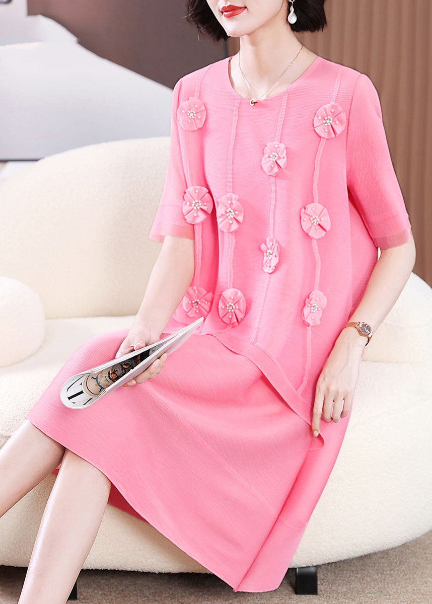 Pink O-neck Patchwork Long Dress Short Sleeve
