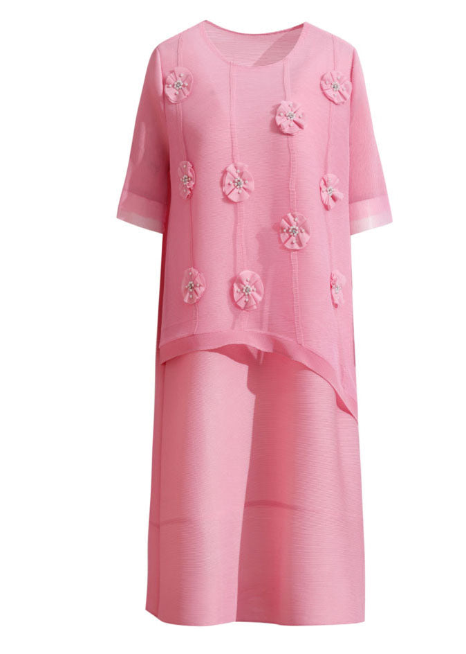 Pink O-neck Patchwork Long Dress Short Sleeve