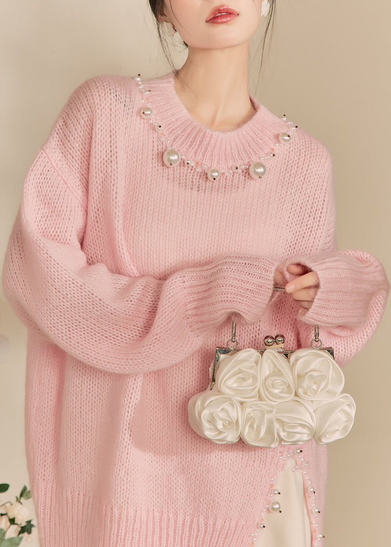 Pink O-neck Nail Bead Thick Cotton Knit Sweaters Spring