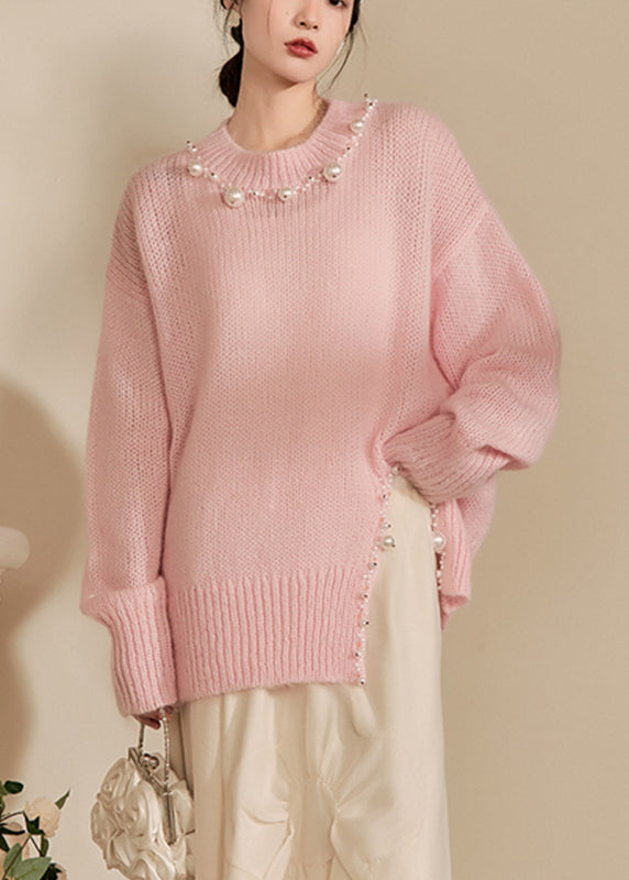 Pink O-neck Nail Bead Thick Cotton Knit Sweaters Spring