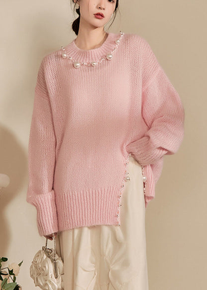 Pink O-neck Nail Bead Thick Cotton Knit Sweaters Spring