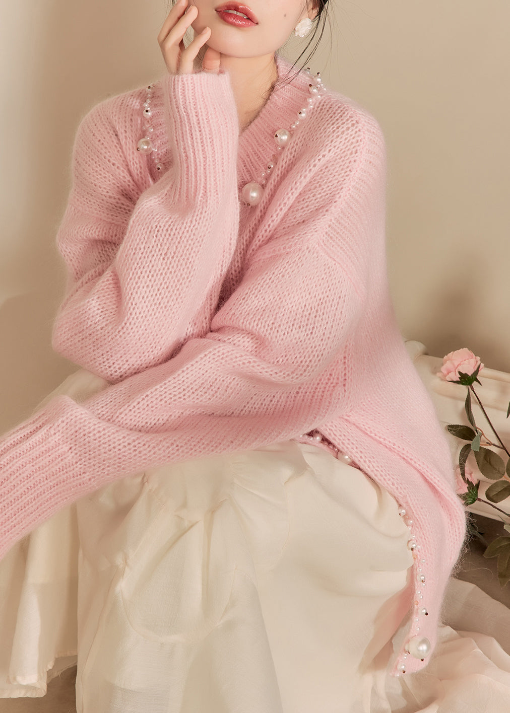 Pink O-neck Nail Bead Thick Cotton Knit Sweaters Spring