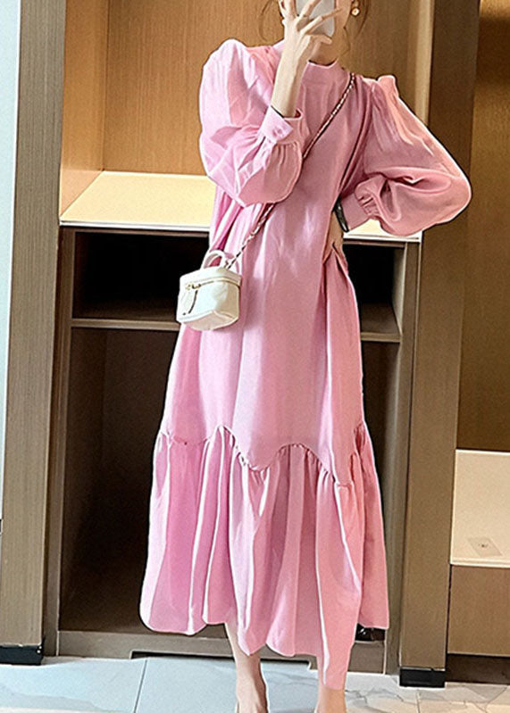 Pink O-neck Patchwork Wrinkled Long Dress Spring