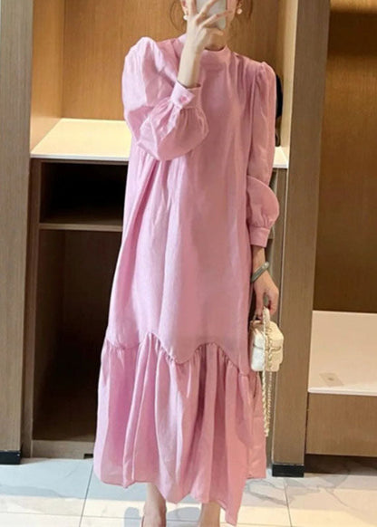 Pink O-neck Patchwork Wrinkled Long Dress Spring