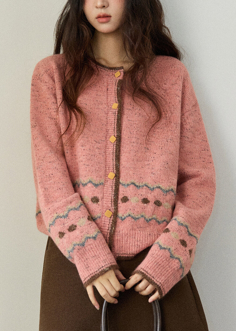 Pink O-neck Print Button Cotton Knit Cardigans Spring