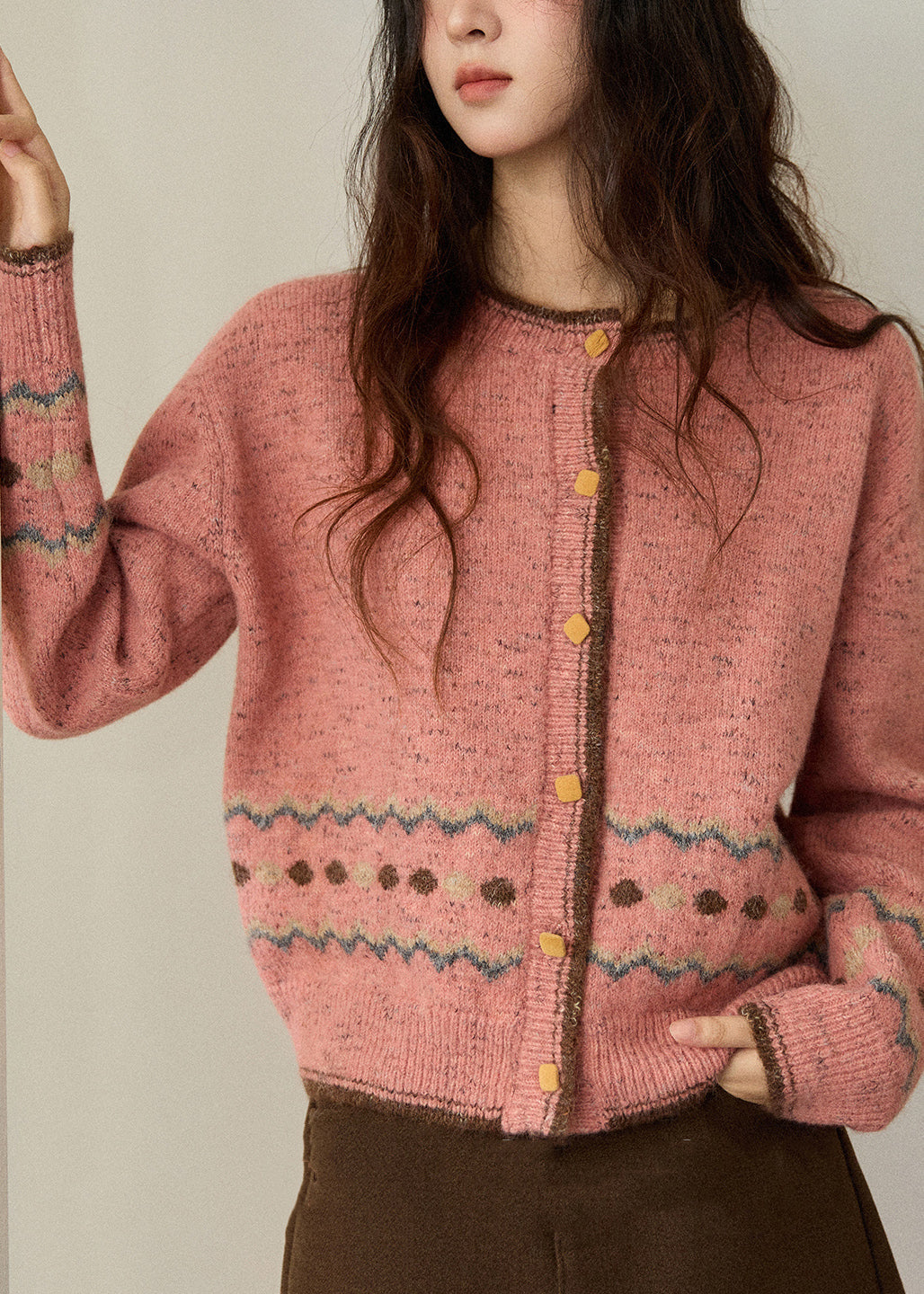 Pink O-neck Print Button Cotton Knit Cardigans Spring