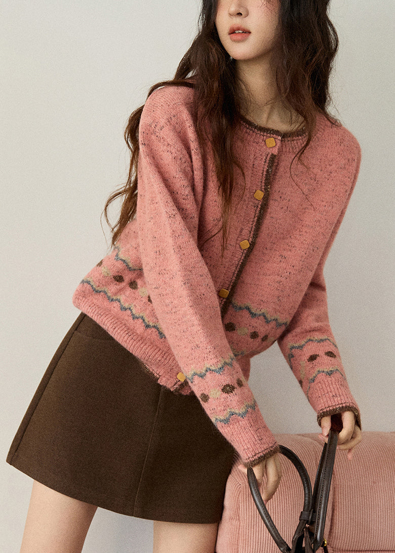 Pink O-neck Print Button Cotton Knit Cardigans Spring