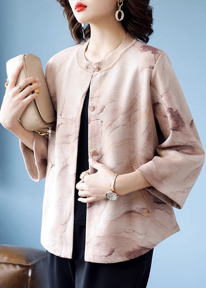 Pink O-neck Print Button Cotton Knit Coats Three Quarter Sleeve