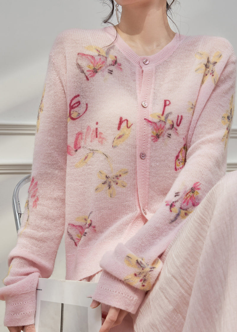 Pink O-neck Print Button Knit Cardigans Spring