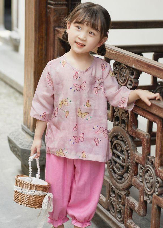 Pink O-neck Print Button Linen Shirt Summer