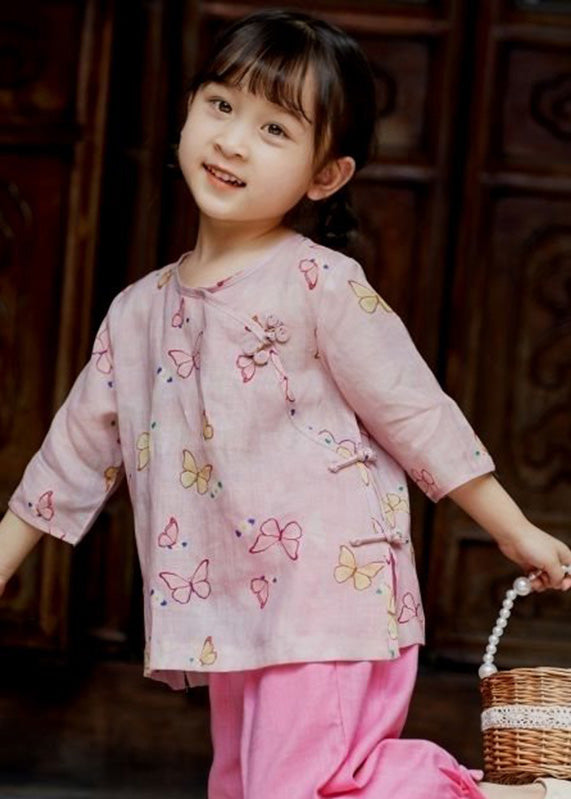 Pink O-neck Print Button Linen Shirt Summer