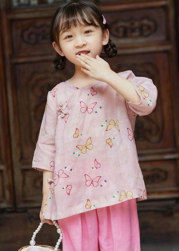 Pink O-neck Print Button Linen Shirt Summer