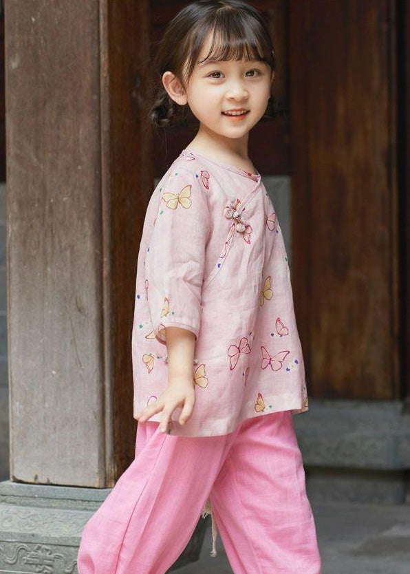 Pink O-neck Print Button Linen Shirt Summer