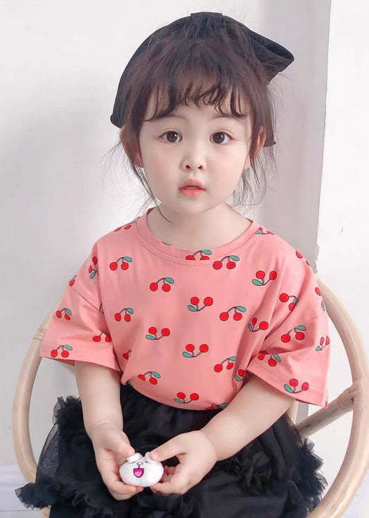 Pink O Neck Print Cotton T Shirt Summer