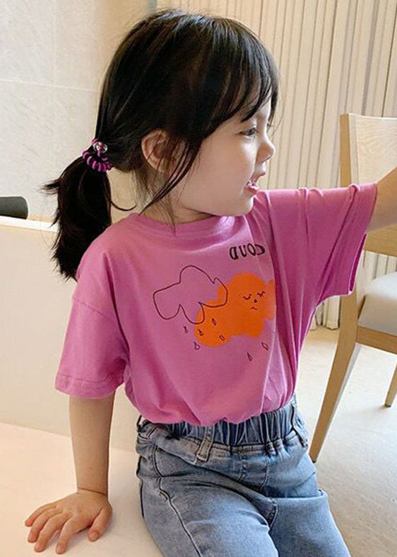 Pink O Neck Print Cotton T Shirt Summer