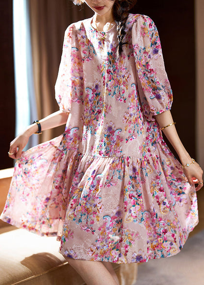 Pink O-neck Print Patchwork Mid Dresses Summer